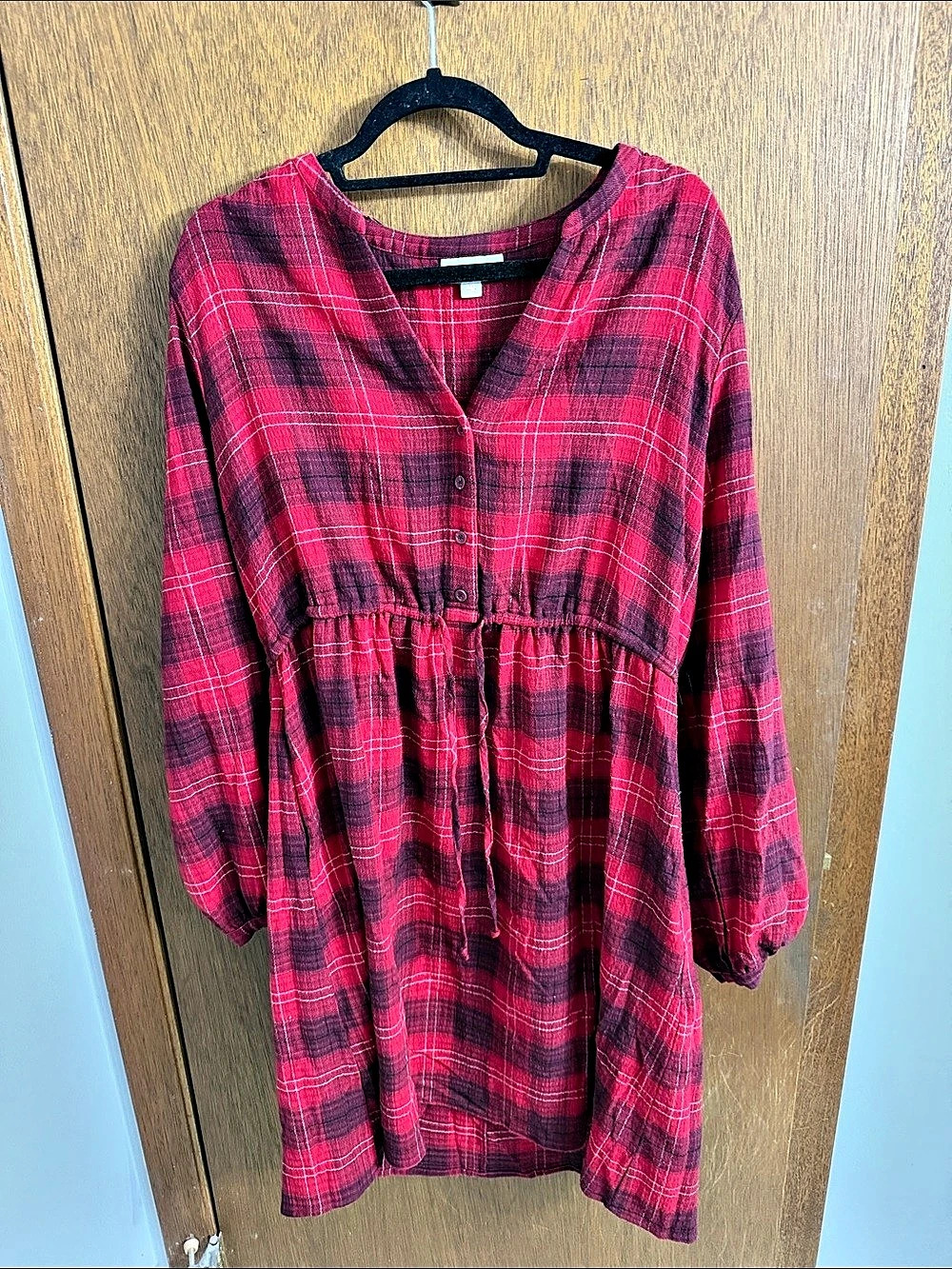 Knox Rose Long Sleeve Plaid Button-Front Dress with Drawstring Waist Mini Dress